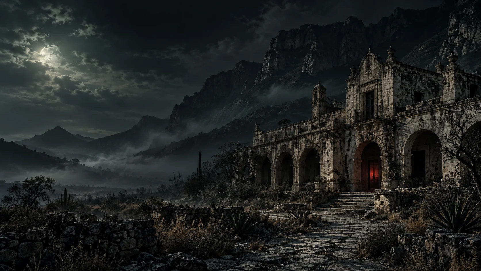Ilustración de una antigua hacienda bajo la luna entre montañas