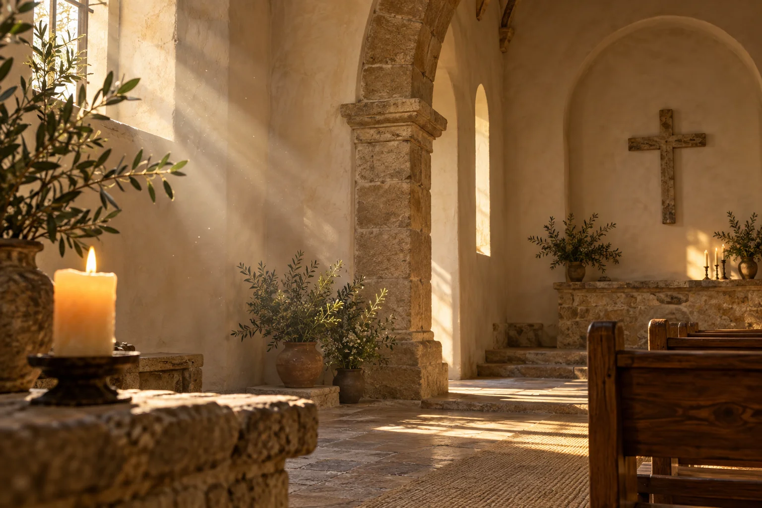 Capilla cálida con una vela y luz suave del amanecer